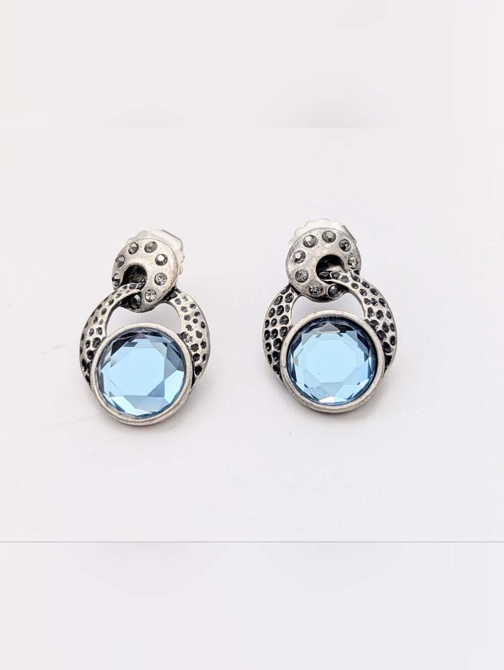 Vintage Lia Sophia Kiam Family Hammered Silver-Tone Light-Blue Pierced Earrings